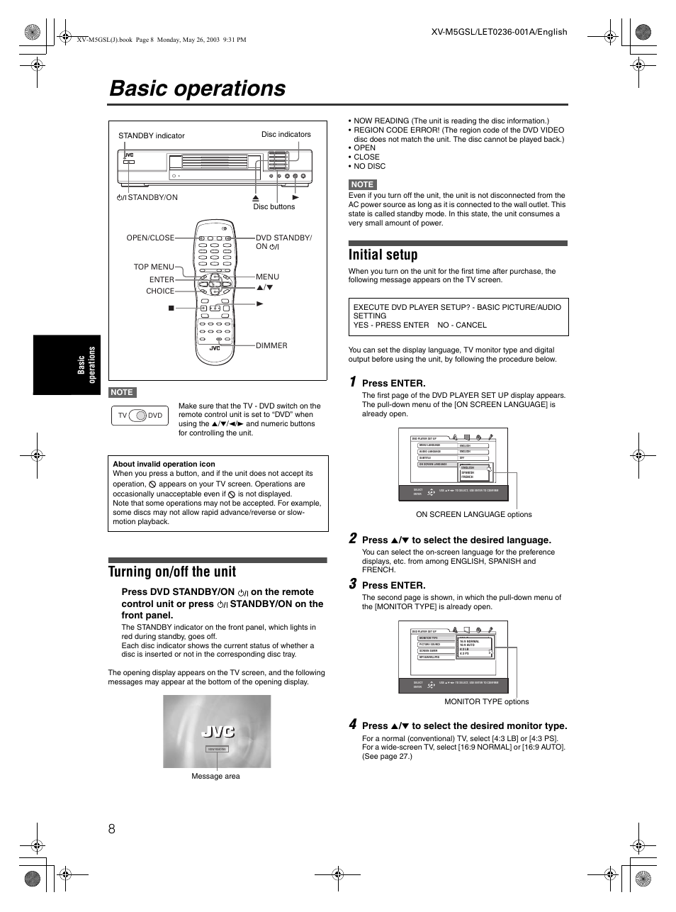 Basic operations, Turning on/off the unit, Initial setup | JVC XV-M5GSL User Manual | Page 10 / 43