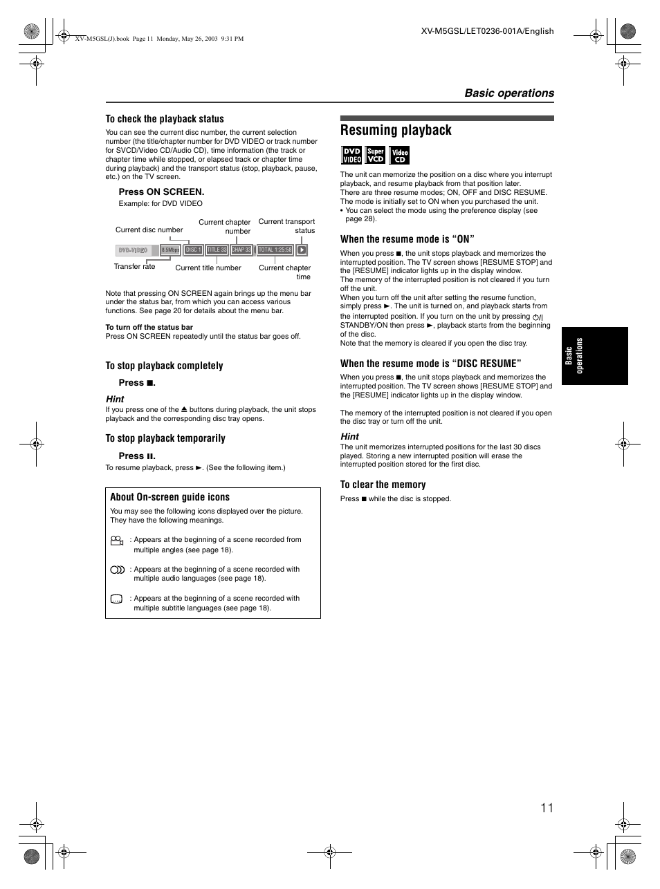 Resuming playback, Basic operations | JVC XV-M5GSL User Manual | Page 13 / 43