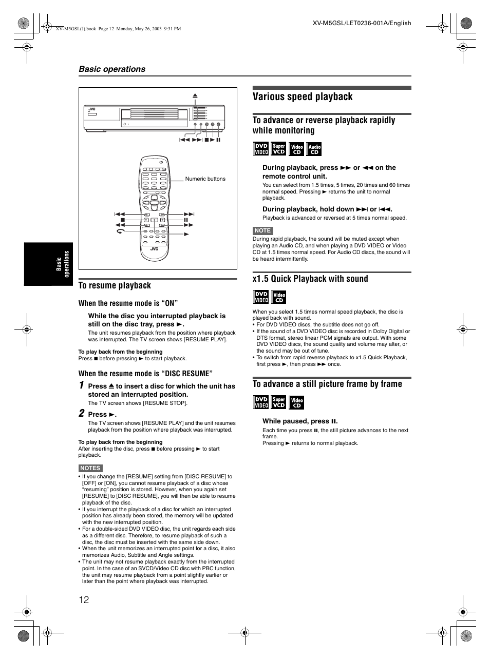 Various speed playback, X1.5 quick playback with sound, Basic operations | JVC XV-M5GSL User Manual | Page 14 / 43