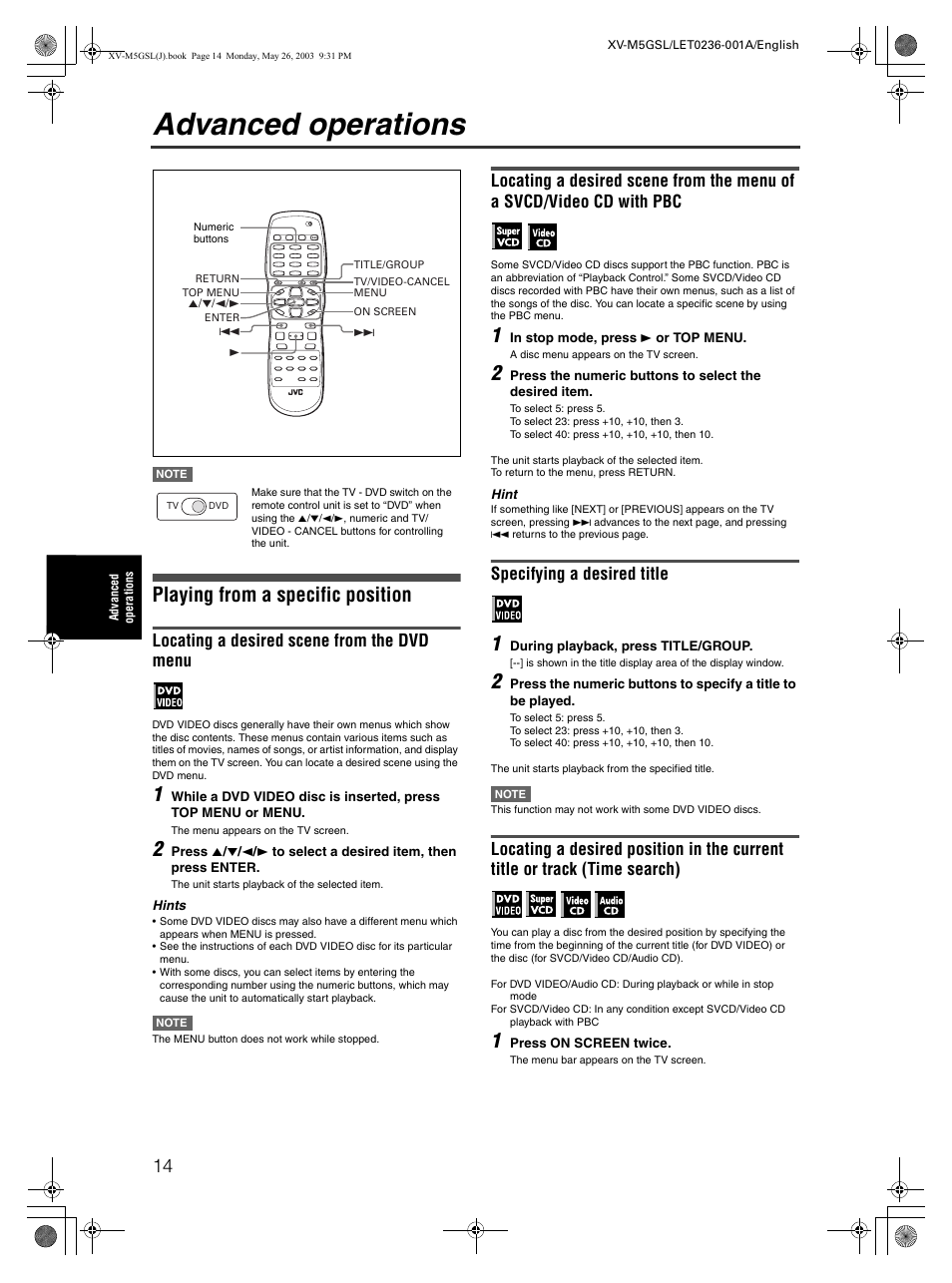 Advanced operations, Playing from a specific position, Locating a desired scene from the dvd menu | Specifying a desired title | JVC XV-M5GSL User Manual | Page 16 / 43