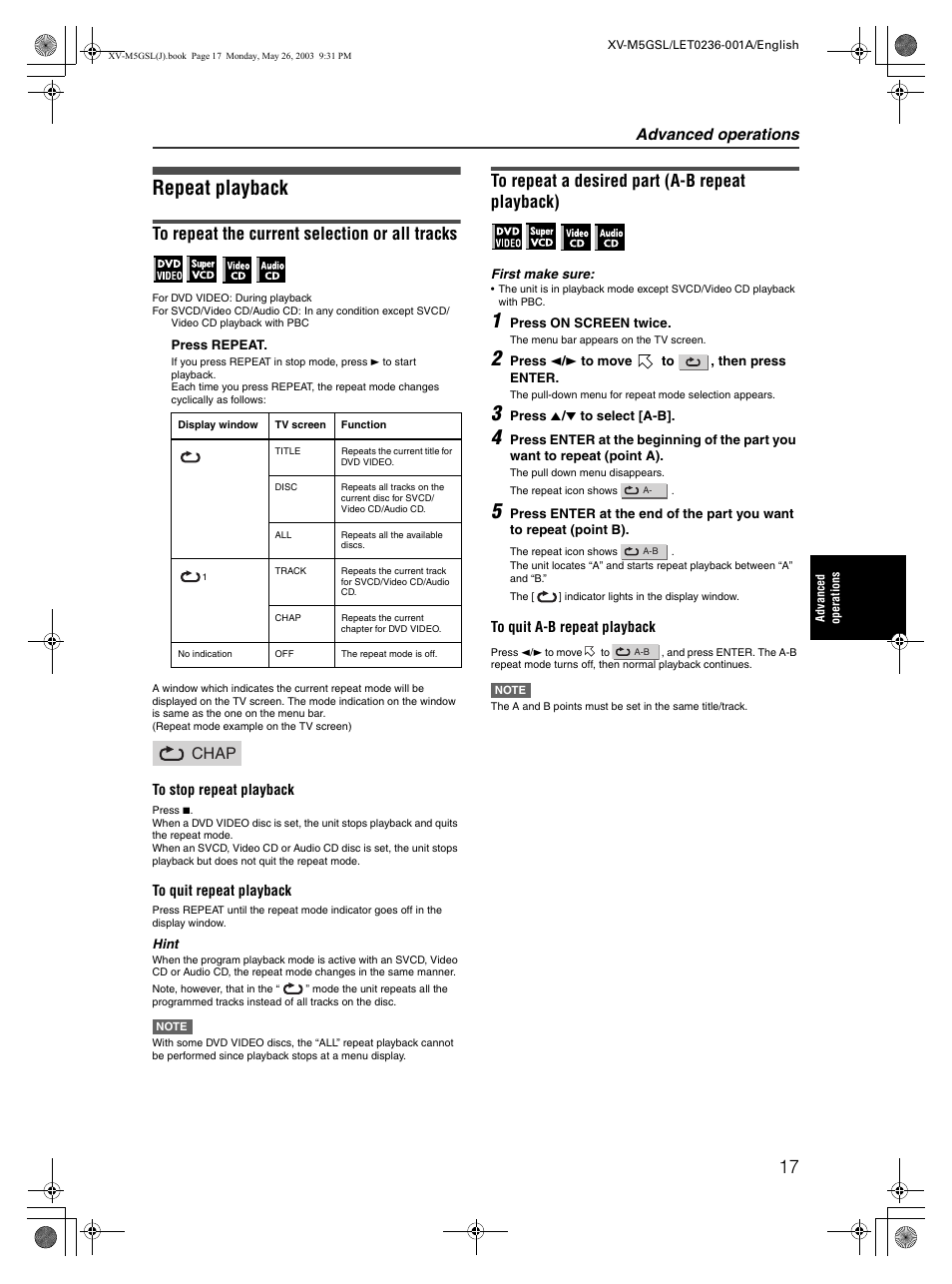 Repeat playback, Advanced operations, Chap | JVC XV-M5GSL User Manual | Page 19 / 43