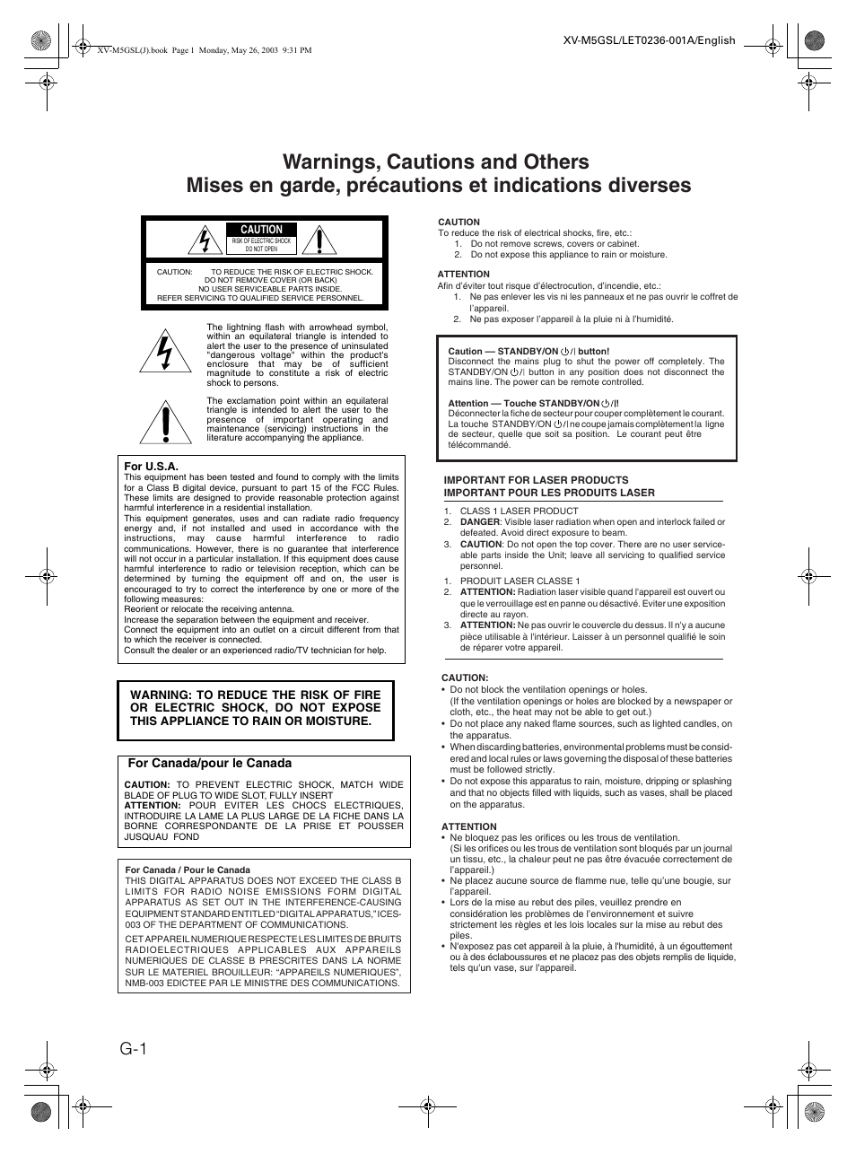 Warnings | JVC XV-M5GSL User Manual | Page 2 / 43