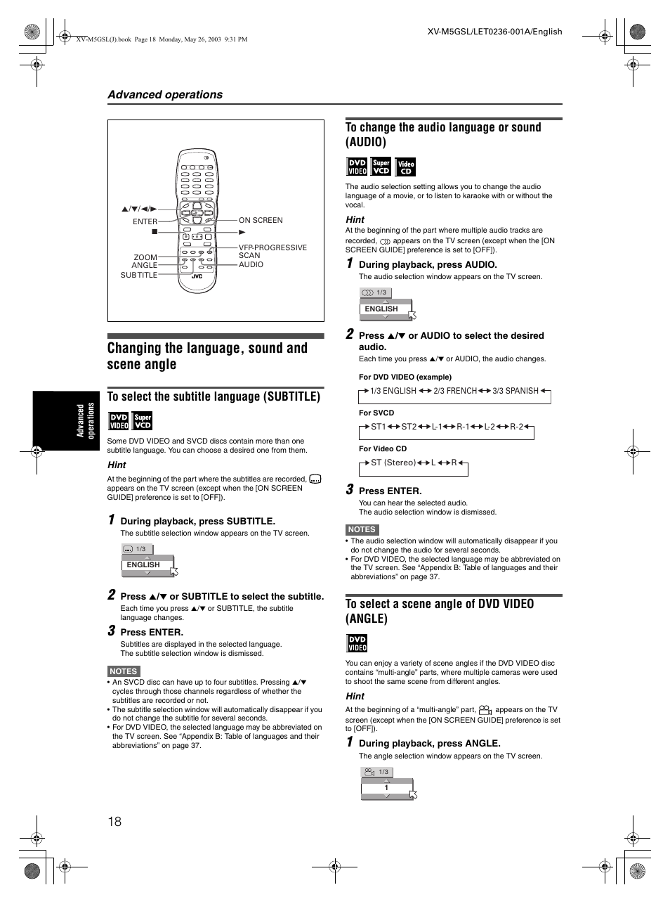 Changing the language, sound and scene angle, Advanced operations | JVC XV-M5GSL User Manual | Page 20 / 43