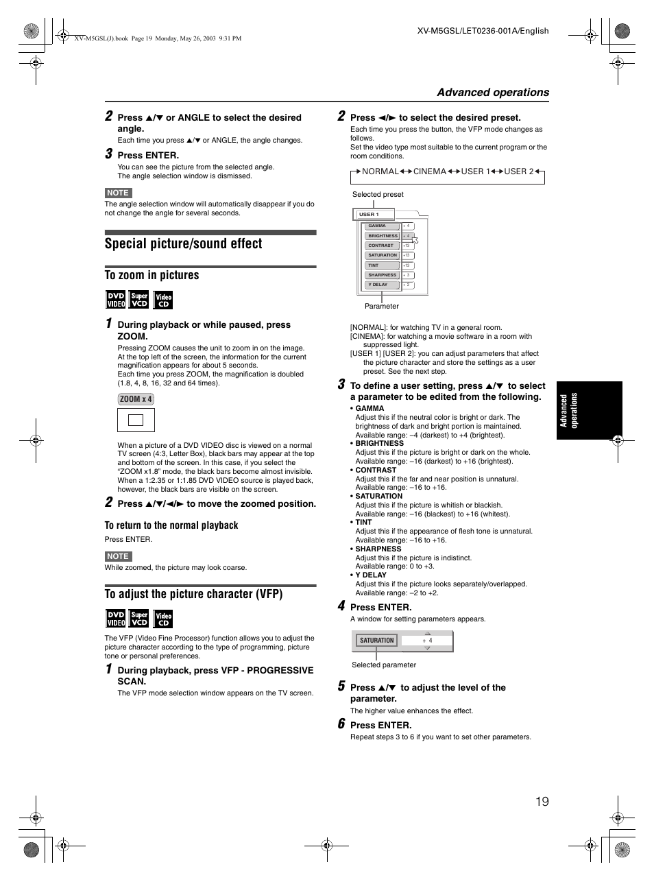 Special picture/sound effect, Advanced operations | JVC XV-M5GSL User Manual | Page 21 / 43