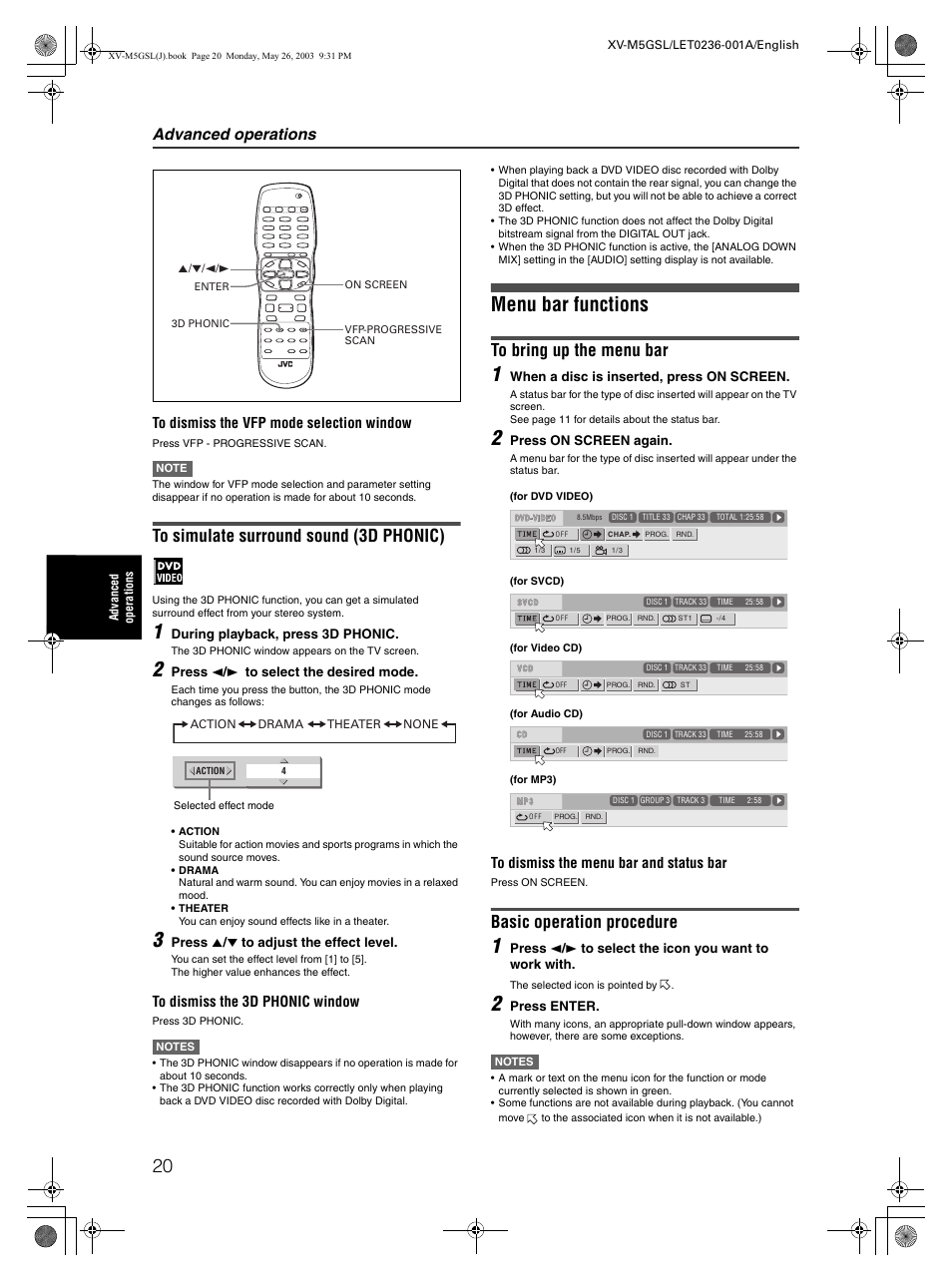 Menu bar functions, Basic operation procedure, Advanced operations | JVC XV-M5GSL User Manual | Page 22 / 43