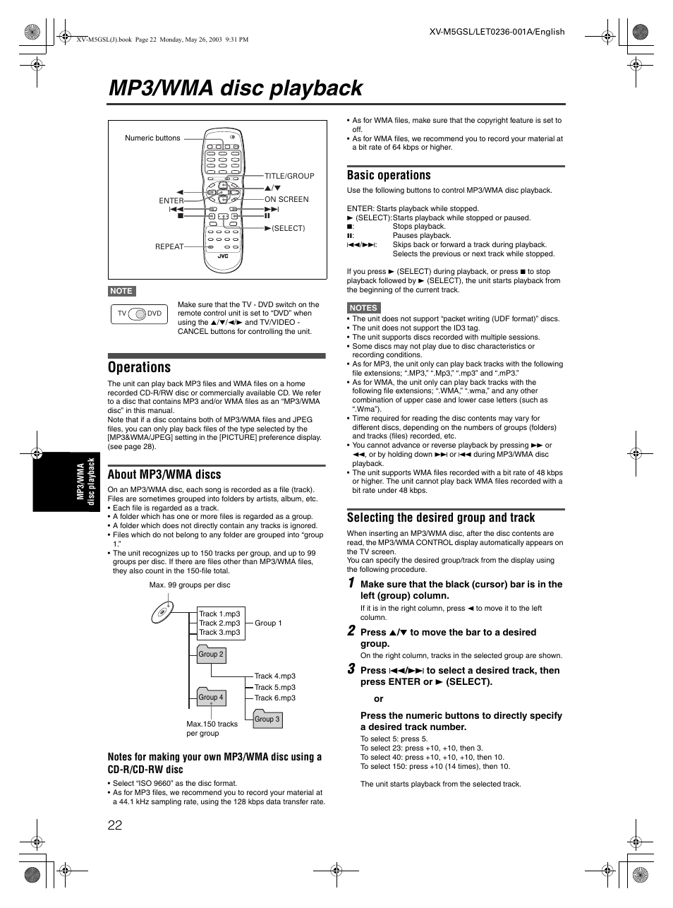 Mp3/wma disc playback, Operations, About mp3/wma discs | Basic operations, Selecting the desired group and track | JVC XV-M5GSL User Manual | Page 24 / 43