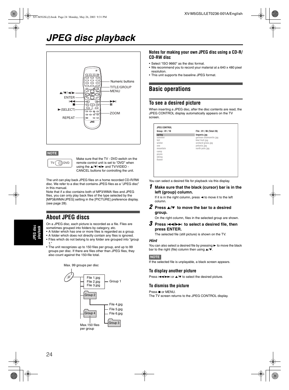 Jpeg disc playback, About jpeg discs, Basic operations | JVC XV-M5GSL User Manual | Page 26 / 43