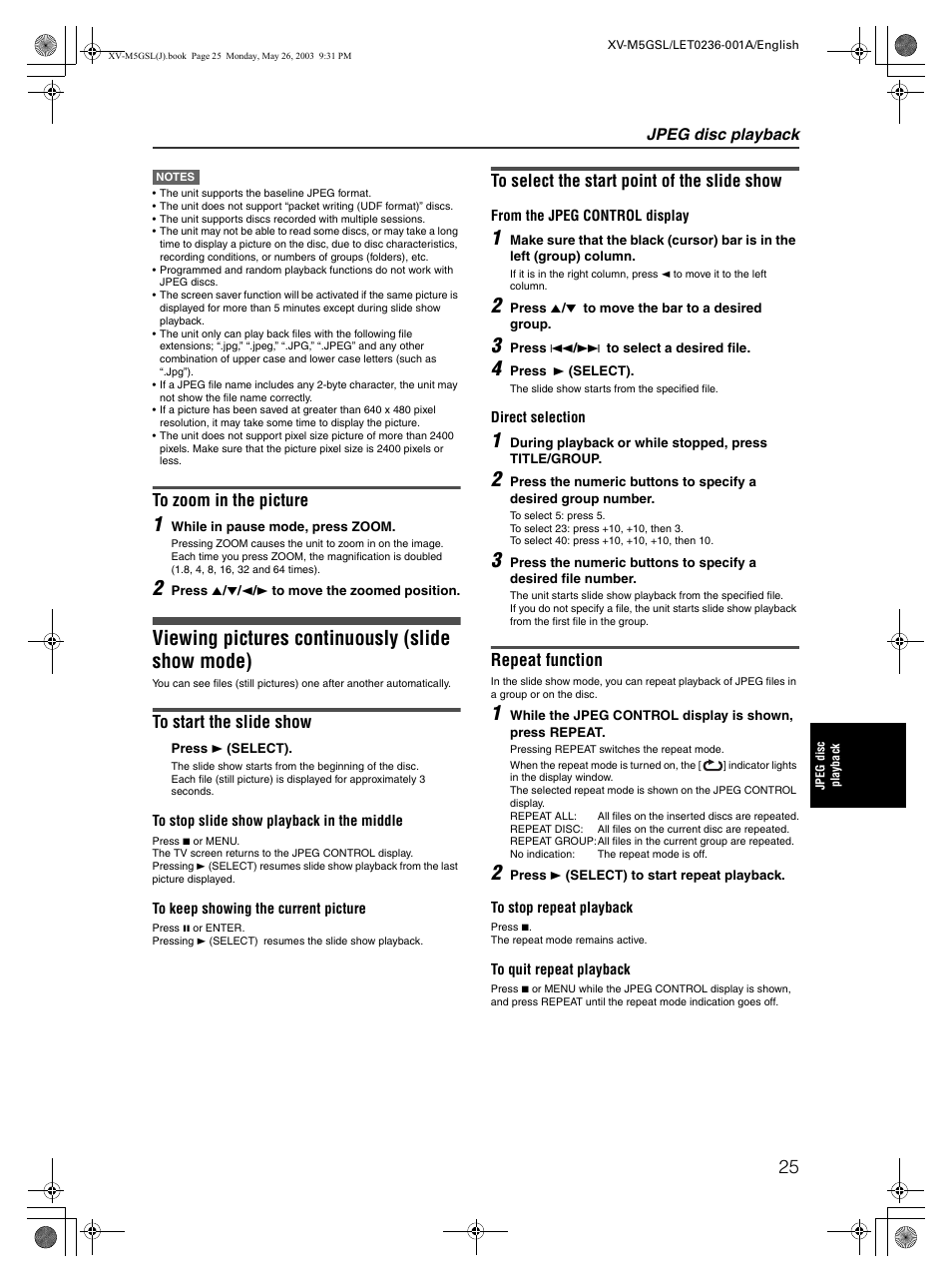 Viewing pictures continuously (slide show mode), Repeat function | JVC XV-M5GSL User Manual | Page 27 / 43