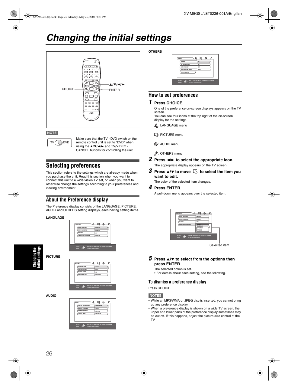 Changing the initial settings, Selecting preferences, About the preference display | How to set preferences, Press choice, Press 2 / 3 to select the appropriate icon, Press enter | JVC XV-M5GSL User Manual | Page 28 / 43