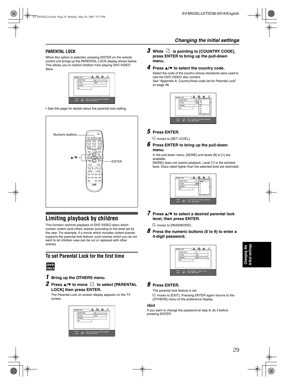 Limiting playback by children, Changing the initial settings, Parental lock | Bring up the others menu, Press 5 / ∞ to select the country code, Press enter, Press enter to bring up the pull-down menu, Hint | JVC XV-M5GSL User Manual | Page 31 / 43