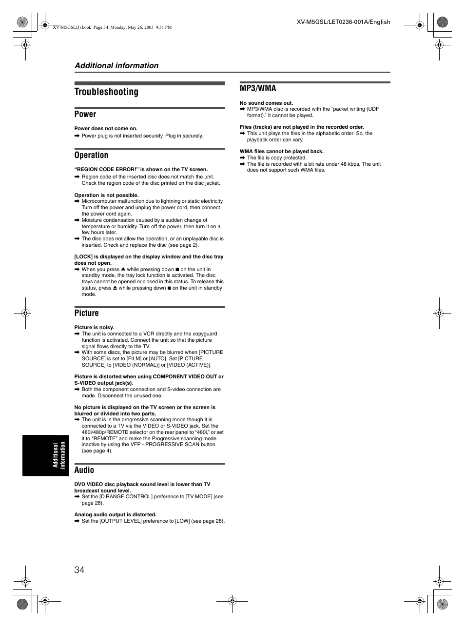 Troubleshooting, Power, Operation | Picture, Audio, Mp3/wma, Additional information | JVC XV-M5GSL User Manual | Page 36 / 43