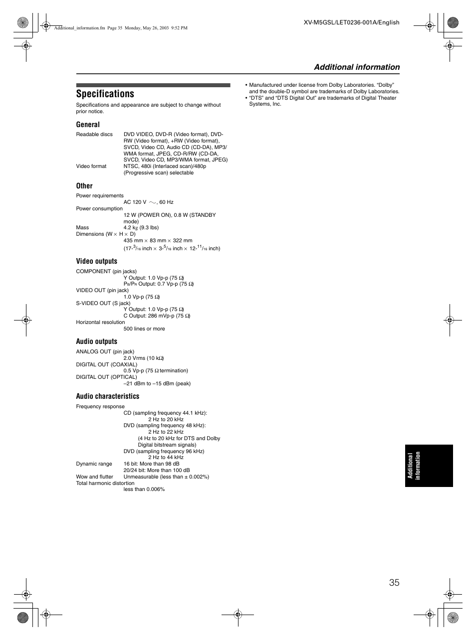 Specifications, Additional information, General | Other, Video outputs, Audio outputs, Audio characteristics | JVC XV-M5GSL User Manual | Page 37 / 43