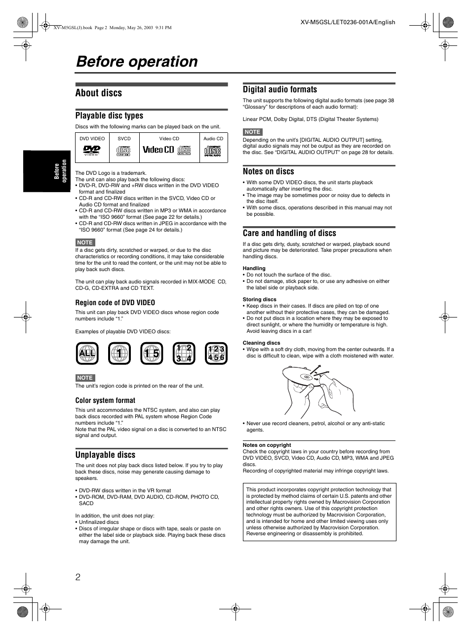Before operation, About discs, Playable disc types | Unplayable discs, Digital audio formats, Care and handling of discs | JVC XV-M5GSL User Manual | Page 4 / 43