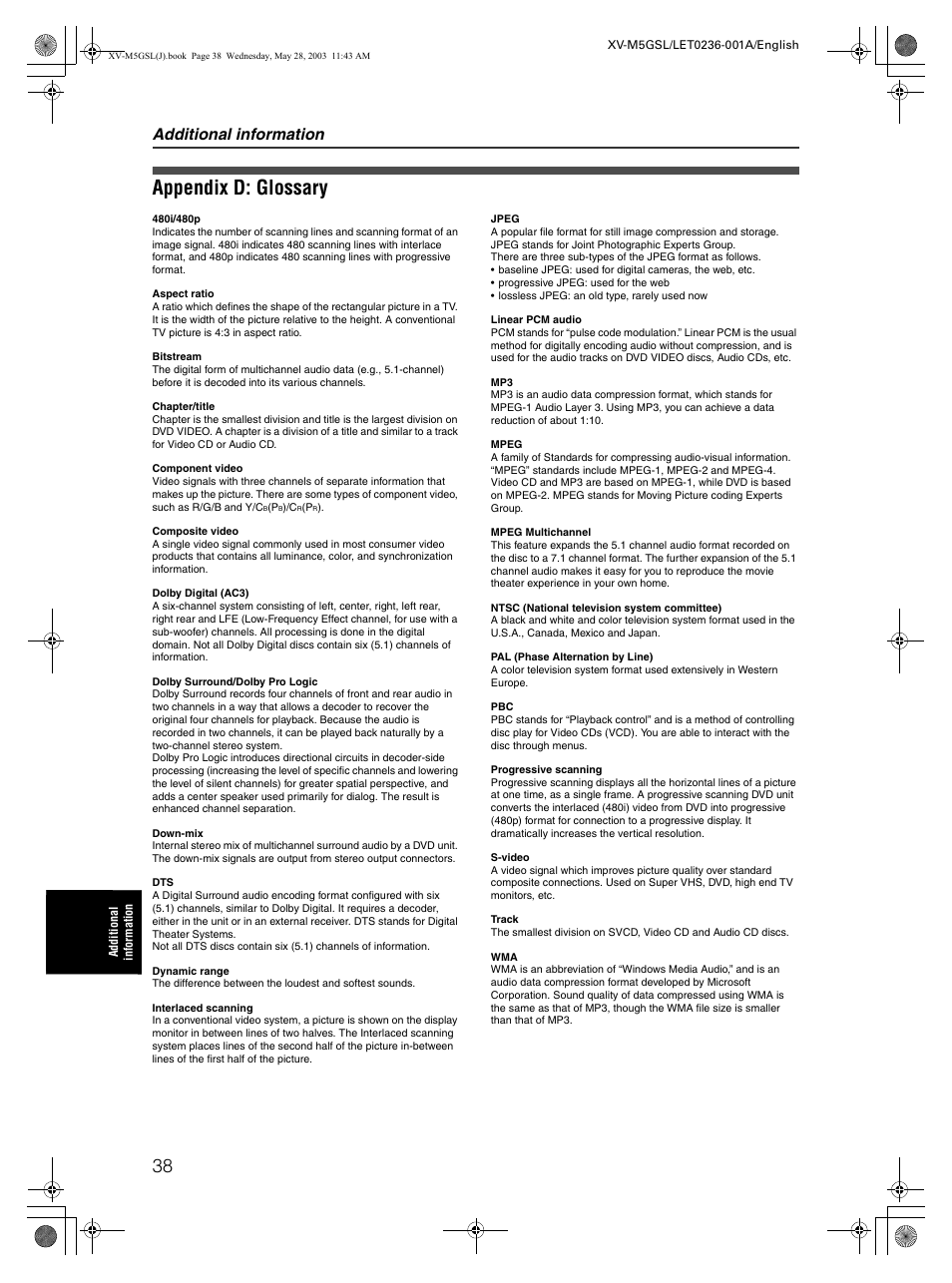 Appendix d: glossary, Additional information | JVC XV-M5GSL User Manual | Page 40 / 43