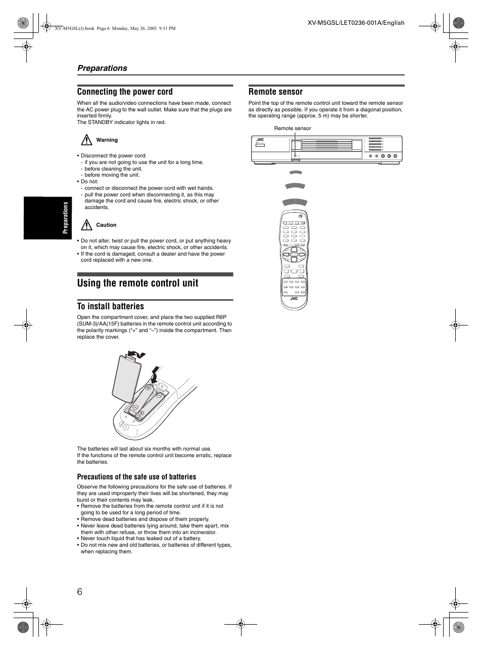 Using the remote control unit, Connecting the power cord, Remote sensor | Preparations | JVC XV-M5GSL User Manual | Page 8 / 43