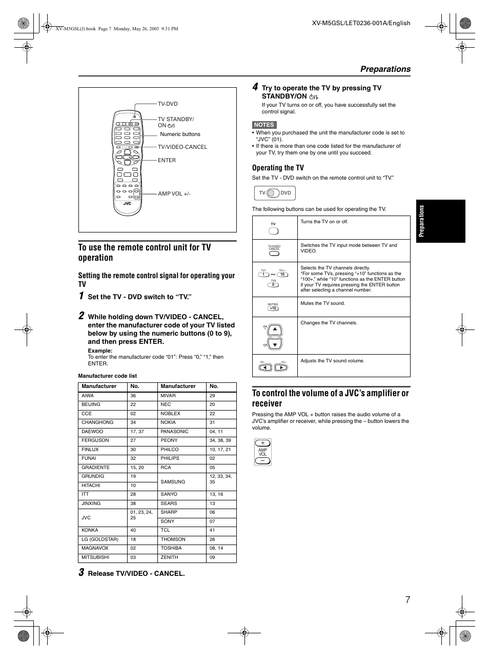 Preparations, Operating the tv | JVC XV-M5GSL User Manual | Page 9 / 43