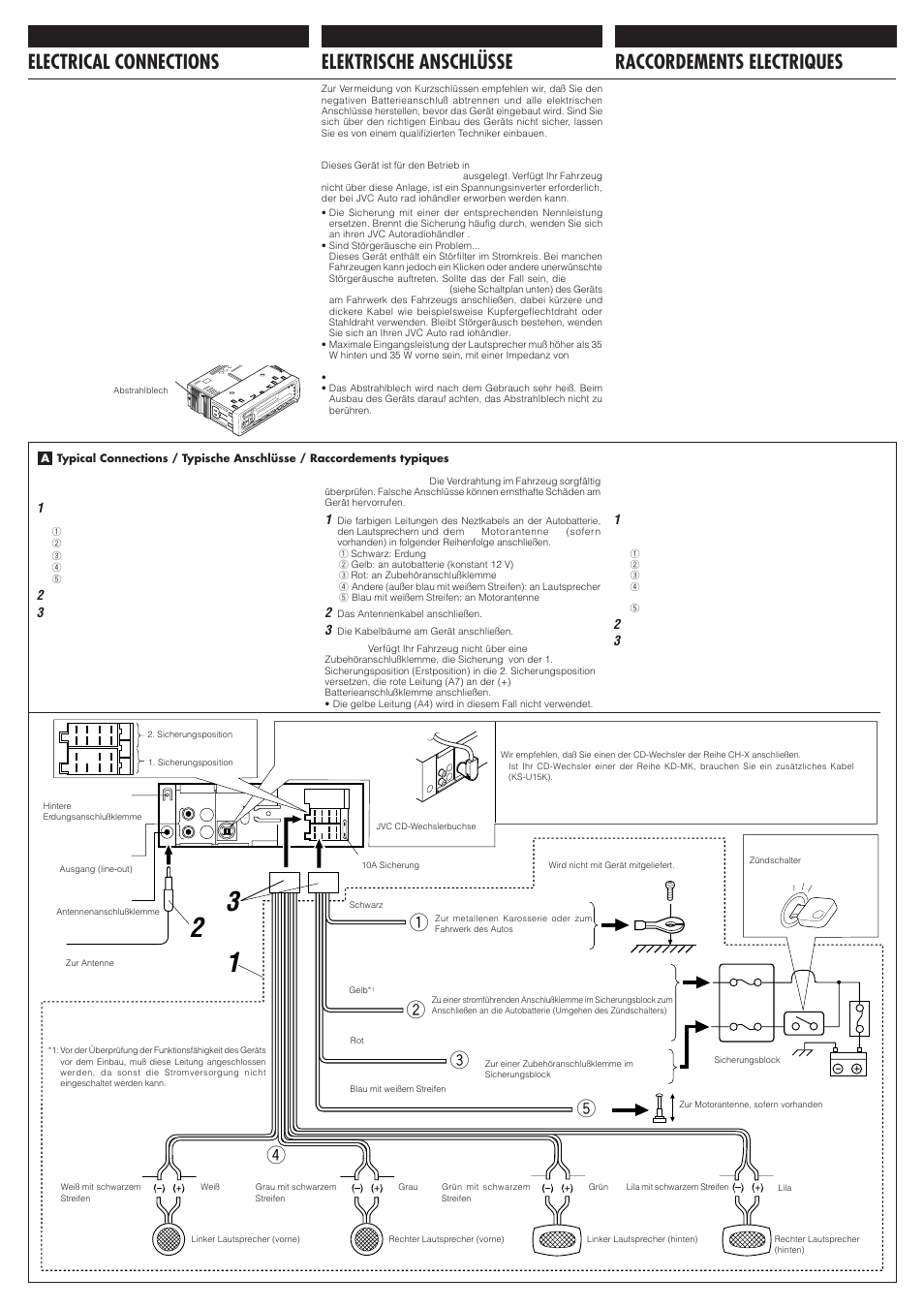Electrical connections, Raccordements electriques, Elektrische anschlüsse | JVC KS-FX630R User Manual | Page 3 / 4