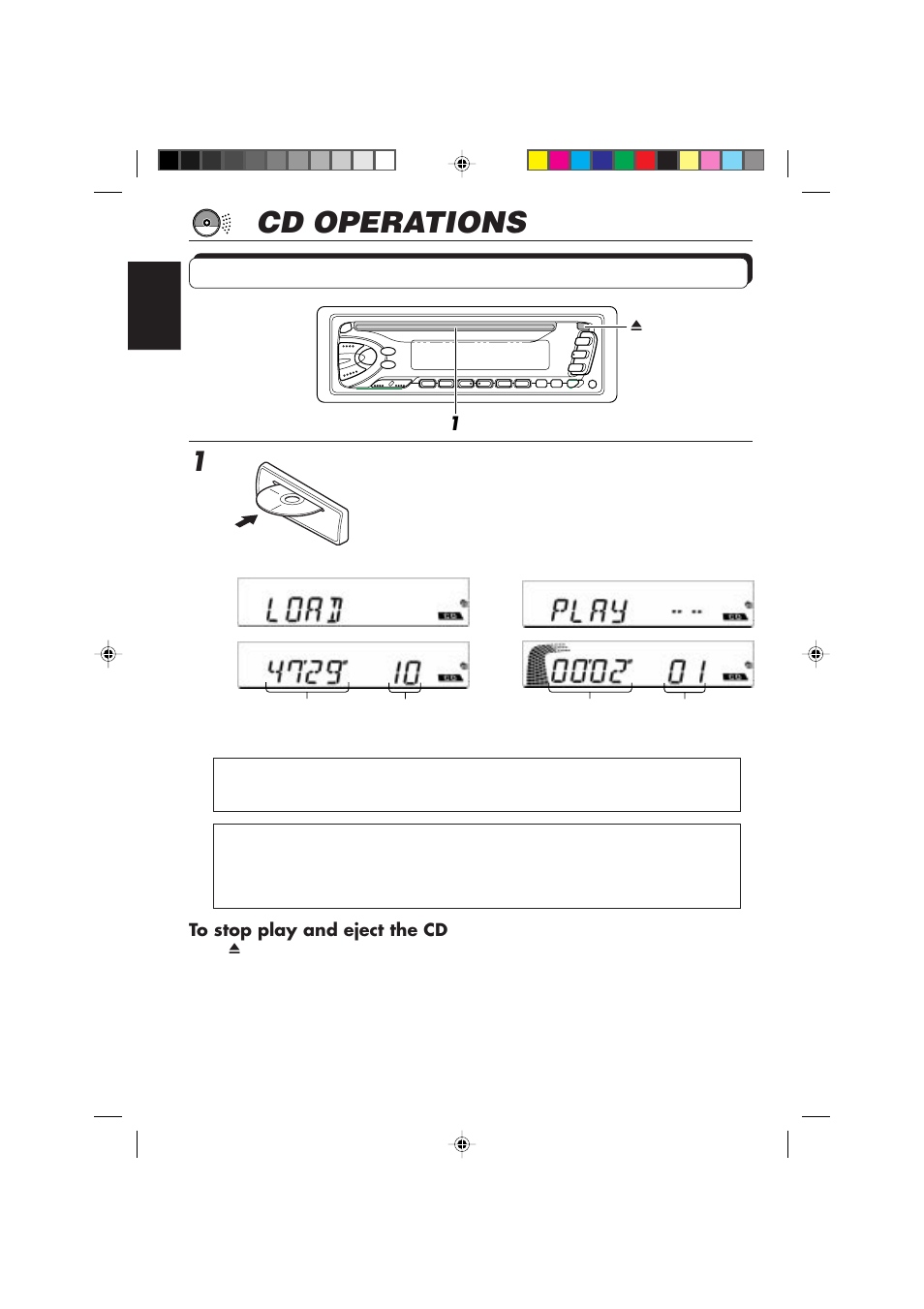 Cd operations, Playing a cd, Insert a disc into the loading slot | JVC DIGITAL AUDIO KD-S550 User Manual | Page 10 / 94