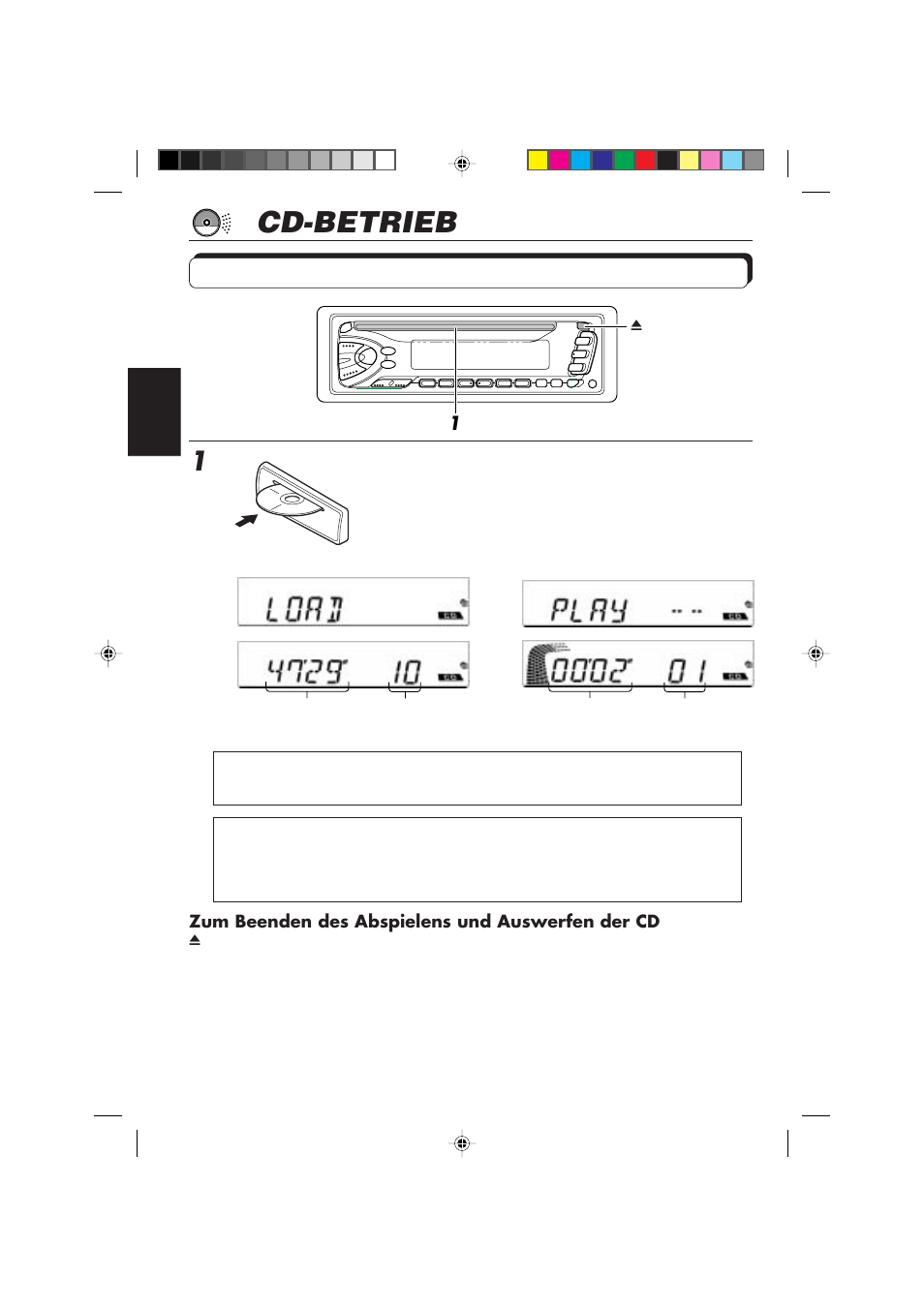 Cd-betrieb, Abspielen einer cd, Eine cd in den ladeschlitz einlegen | JVC DIGITAL AUDIO KD-S550 User Manual | Page 33 / 94