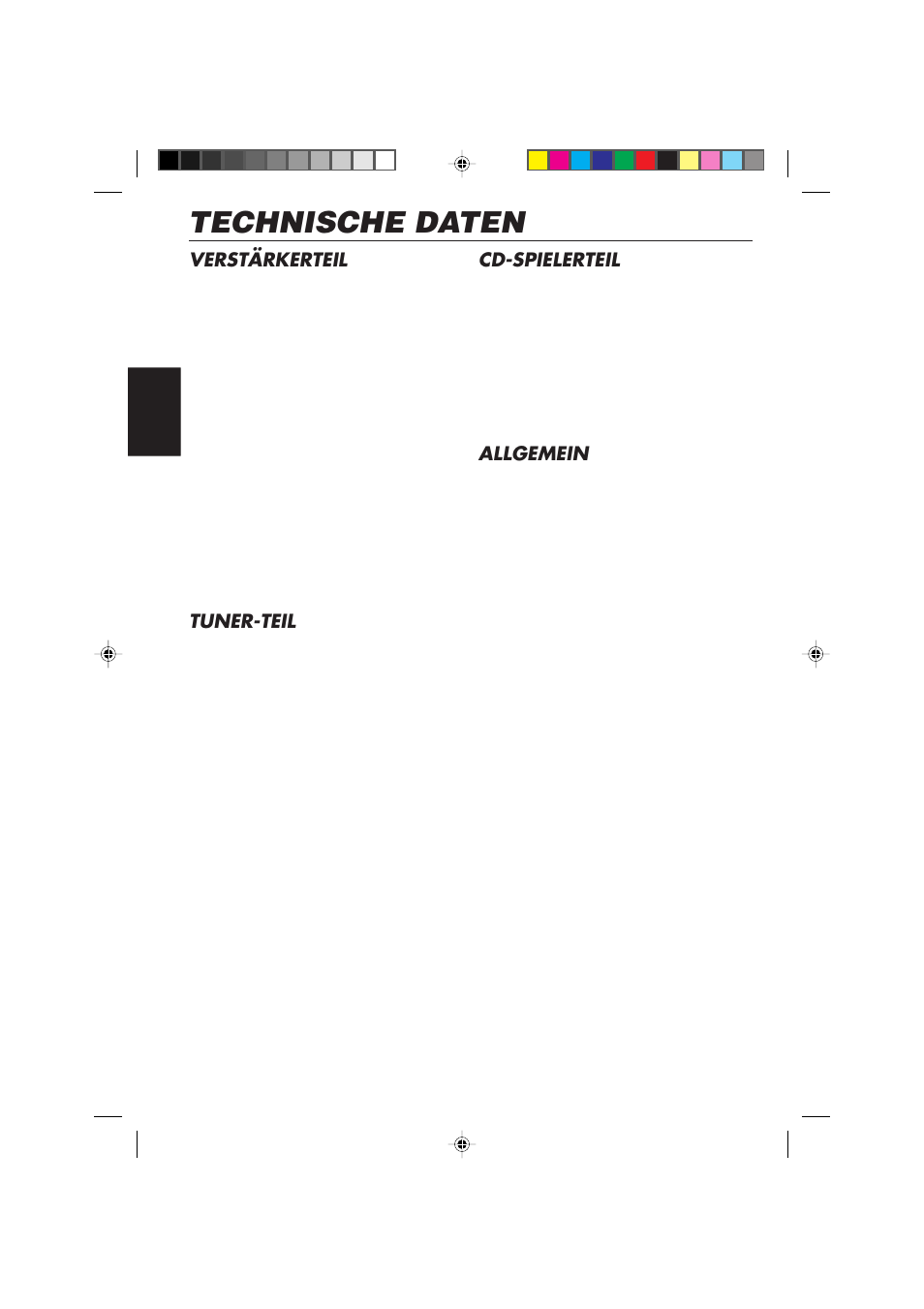 Technische daten, Cd-spielerteil, Allgemein | Verstärkerteil, Tuner-teil | JVC DIGITAL AUDIO KD-S550 User Manual | Page 47 / 94