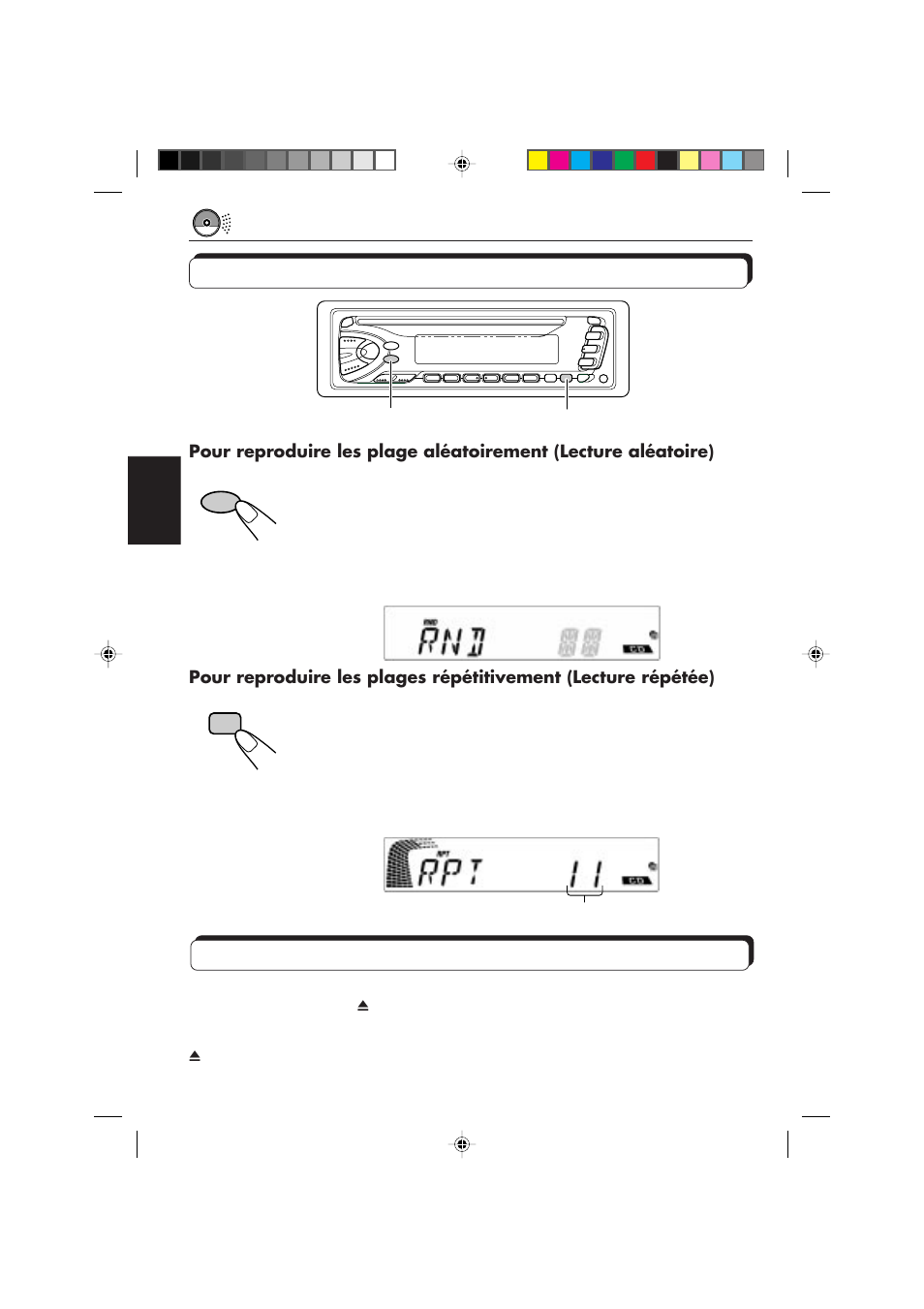 Sélection des modes de lecture de cd, Interdiction de l’éjection de cd | JVC DIGITAL AUDIO KD-S550 User Manual | Page 58 / 94