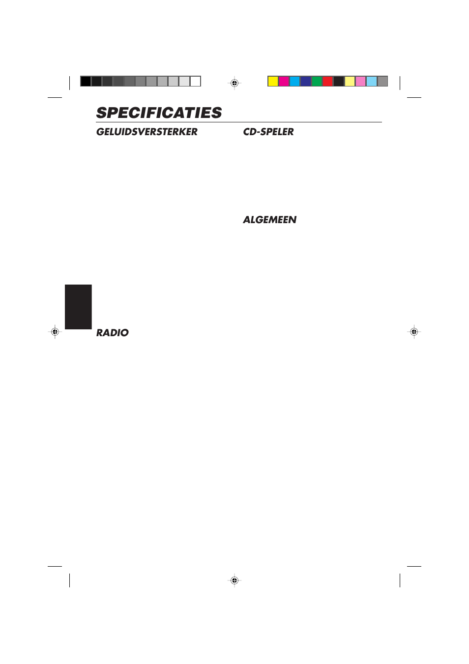 Specificaties, Cd-speler, Algemeen | Geluidsversterker, Radio | JVC DIGITAL AUDIO KD-S550 User Manual | Page 93 / 94