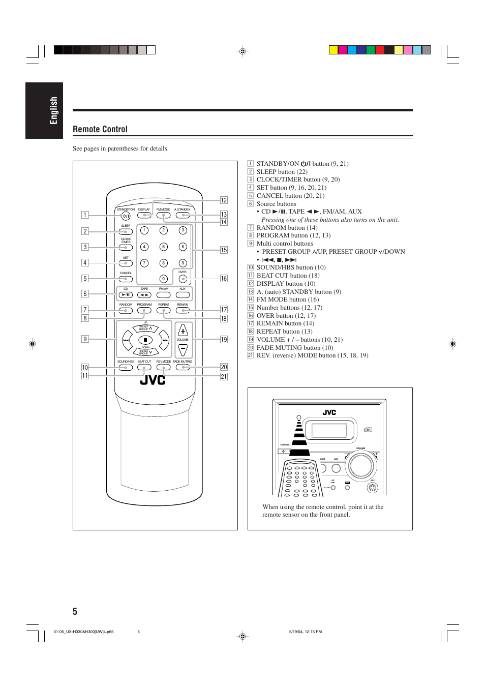 5english, Remote control, See pages in parentheses for details | JVC UX-H330 EN ES User Manual | Page 10 / 80