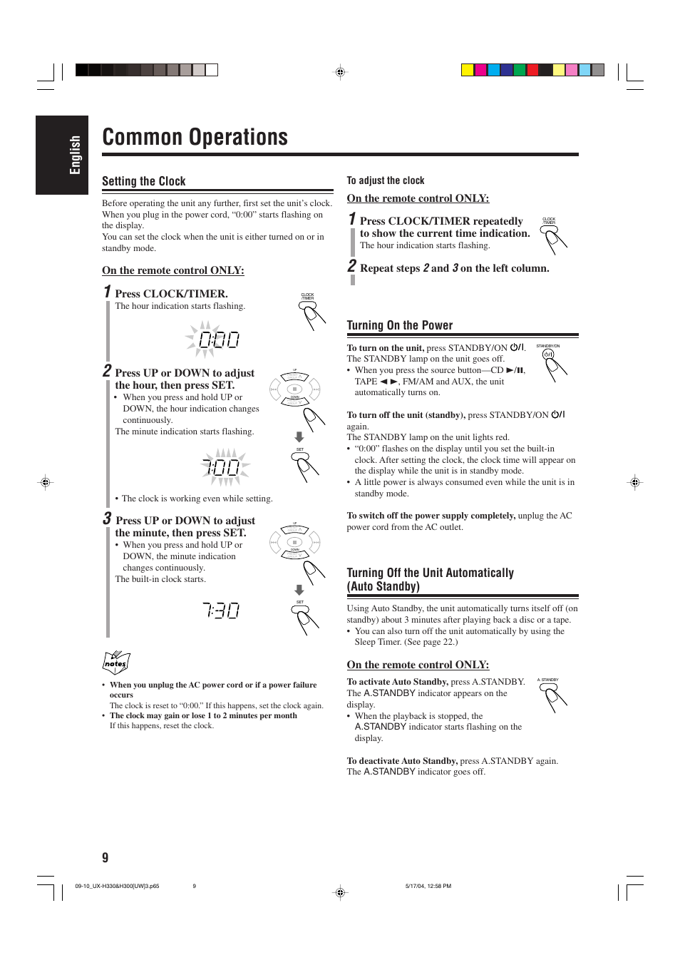 Common operations, 9english, Setting the clock | Turning on the power, Turning off the unit automatically (auto standby) | JVC UX-H330 EN ES User Manual | Page 14 / 80