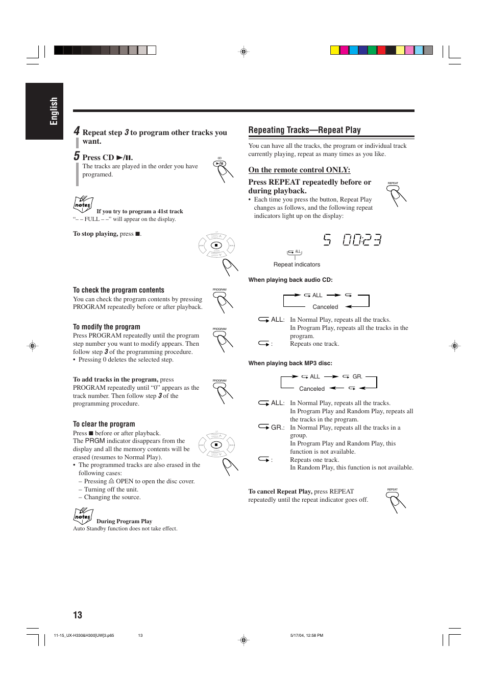 13 english, Repeating tracks—repeat play, Repeat step | Press cd 3 / 8 | JVC UX-H330 EN ES User Manual | Page 18 / 80