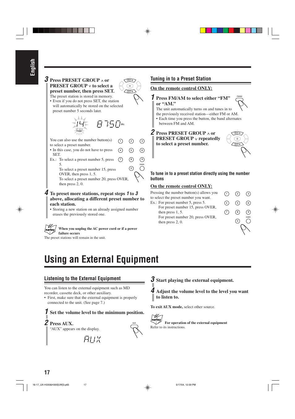 Using an external equipment, 17 english, Listening to the external equipment | Tuning in to a preset station, Set the volume level to the minimum position, Press aux, Start playing the external equipment, On the remote control only, Press fm/am to select either “fm” or “am | JVC UX-H330 EN ES User Manual | Page 22 / 80