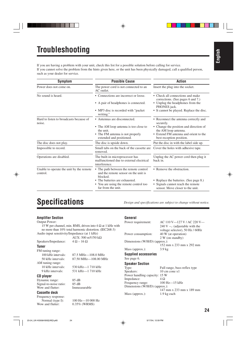 Troubleshooting, Specifications, 24 english | JVC UX-H330 EN ES User Manual | Page 29 / 80