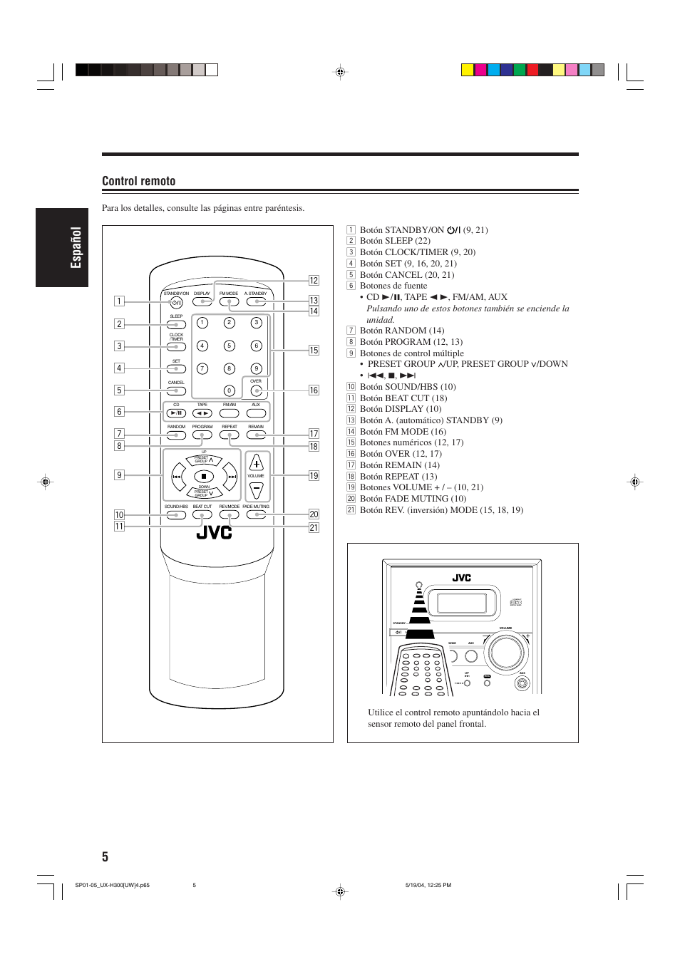 5espa ñ ol, Control remoto | JVC UX-H330 EN ES User Manual | Page 34 / 80