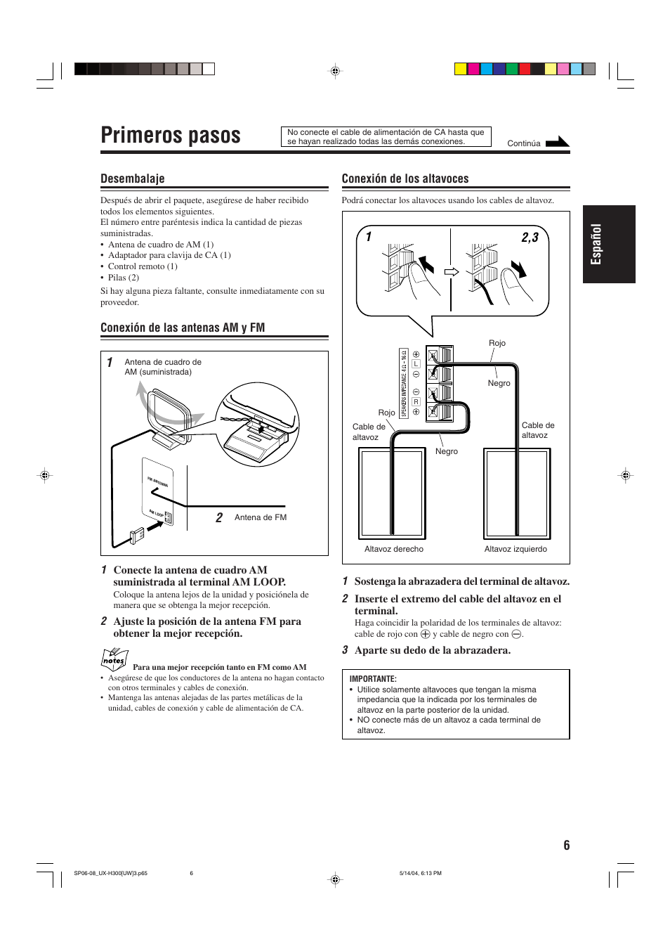 Primeros pasos, 6espa ñ ol, Desembalaje | Conexión de las antenas am y fm, Conexión de los altavoces | JVC UX-H330 EN ES User Manual | Page 35 / 80