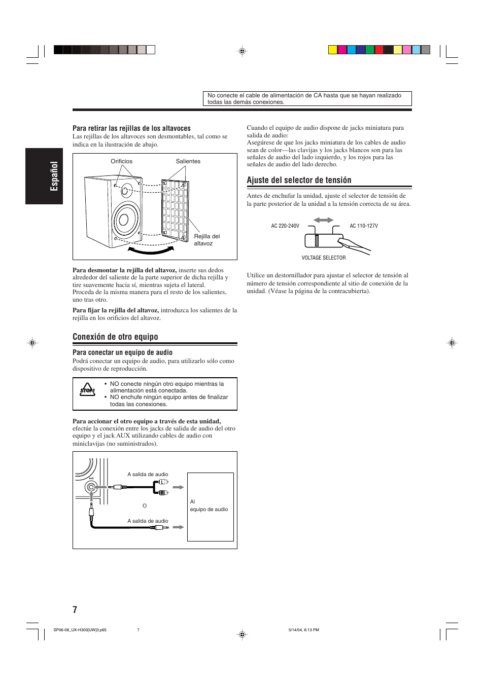 7espa ñ ol, Conexión de otro equipo, Ajuste del selector de tensión | JVC UX-H330 EN ES User Manual | Page 36 / 80