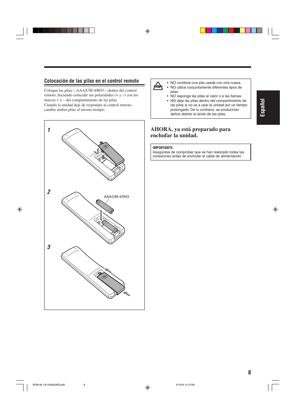 8espa ñ ol 1 2 3, Ahora, ya está preparado para enchufar la unidad | JVC UX-H330 EN ES User Manual | Page 37 / 80