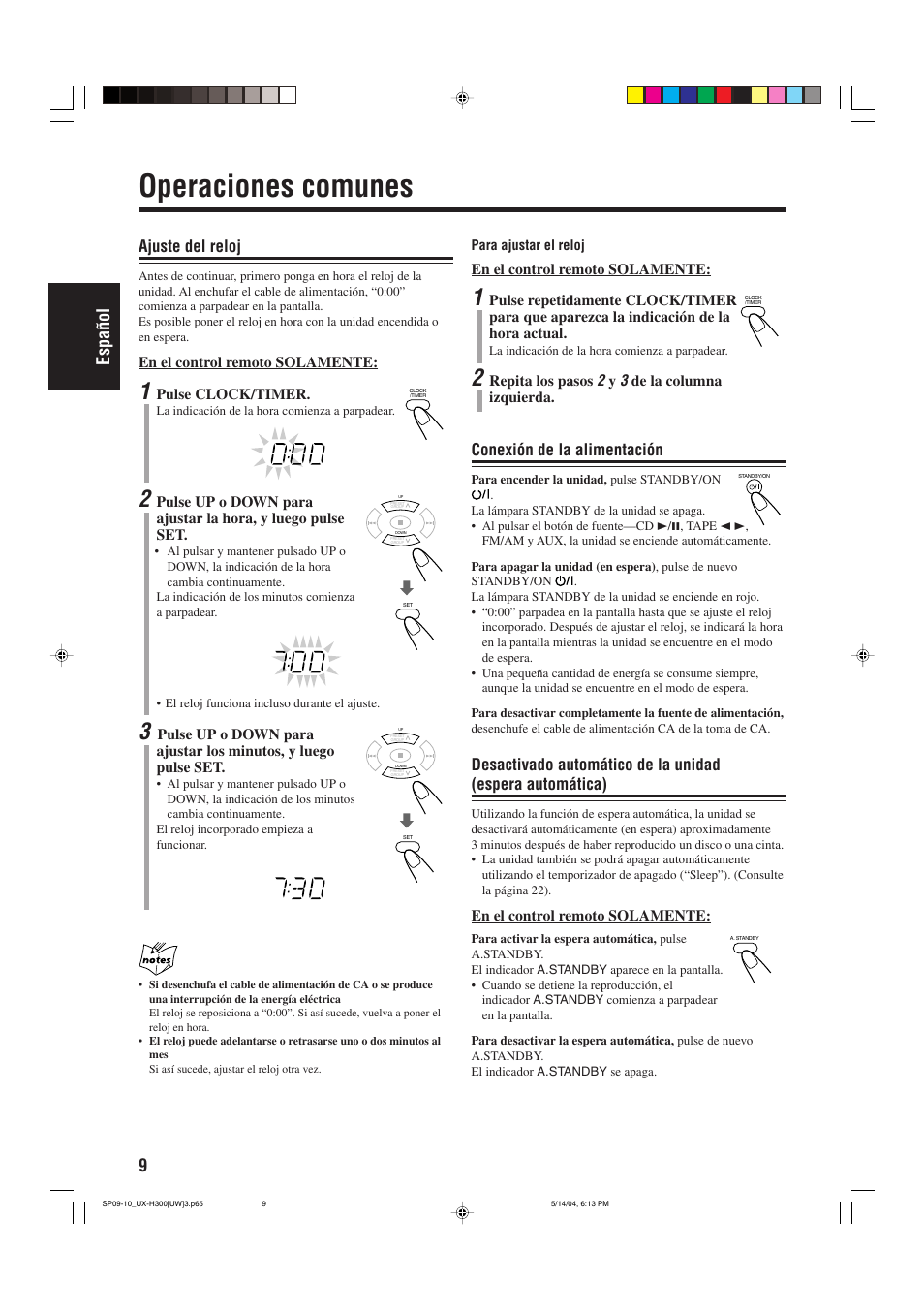 Operaciones comunes, 9espa ñ ol, Conexión de la alimentación | Ajuste del reloj | JVC UX-H330 EN ES User Manual | Page 38 / 80