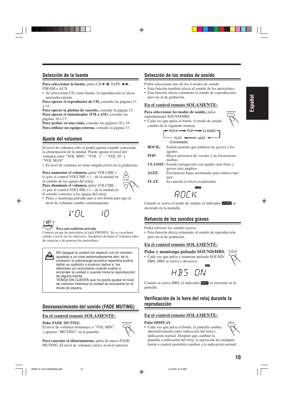 10 espa ñ ol, Selección de los modos de sonido, Refuerzo de los sonidos graves | Selección de la fuente, Ajuste del volumen, Desvanecimiento del sonido (fade muting) | JVC UX-H330 EN ES User Manual | Page 39 / 80