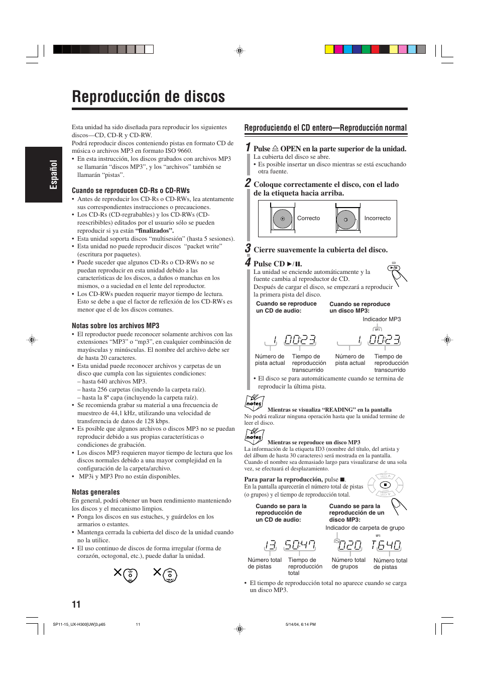 Reproducción de discos, 11 espa ñ ol, Reproduciendo el cd entero—reproducción normal | JVC UX-H330 EN ES User Manual | Page 40 / 80