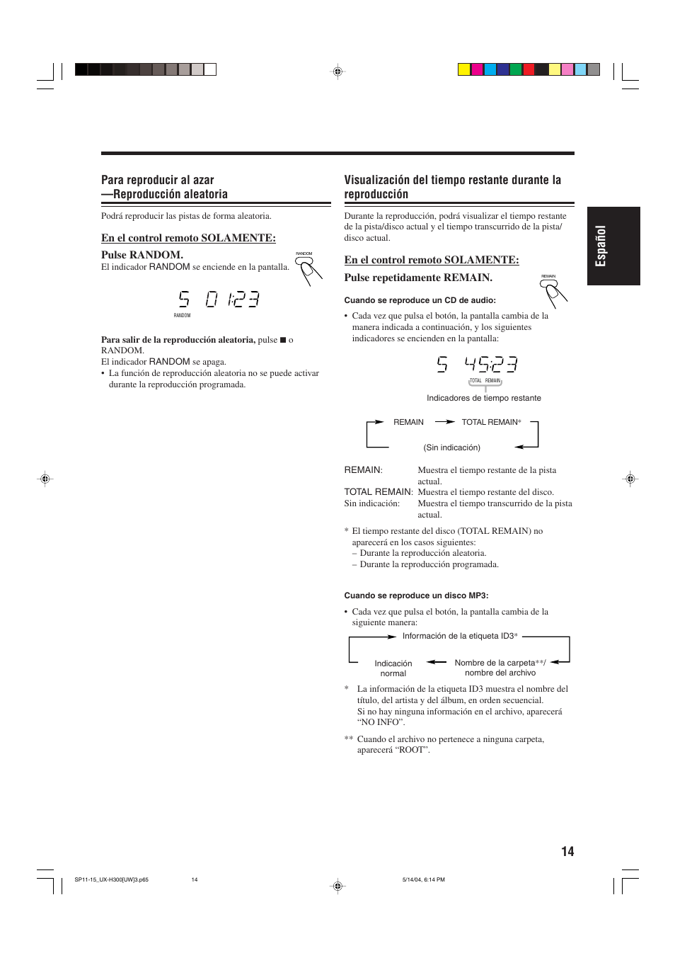 14 espa ñ ol, Para reproducir al azar —reproducción aleatoria | JVC UX-H330 EN ES User Manual | Page 43 / 80