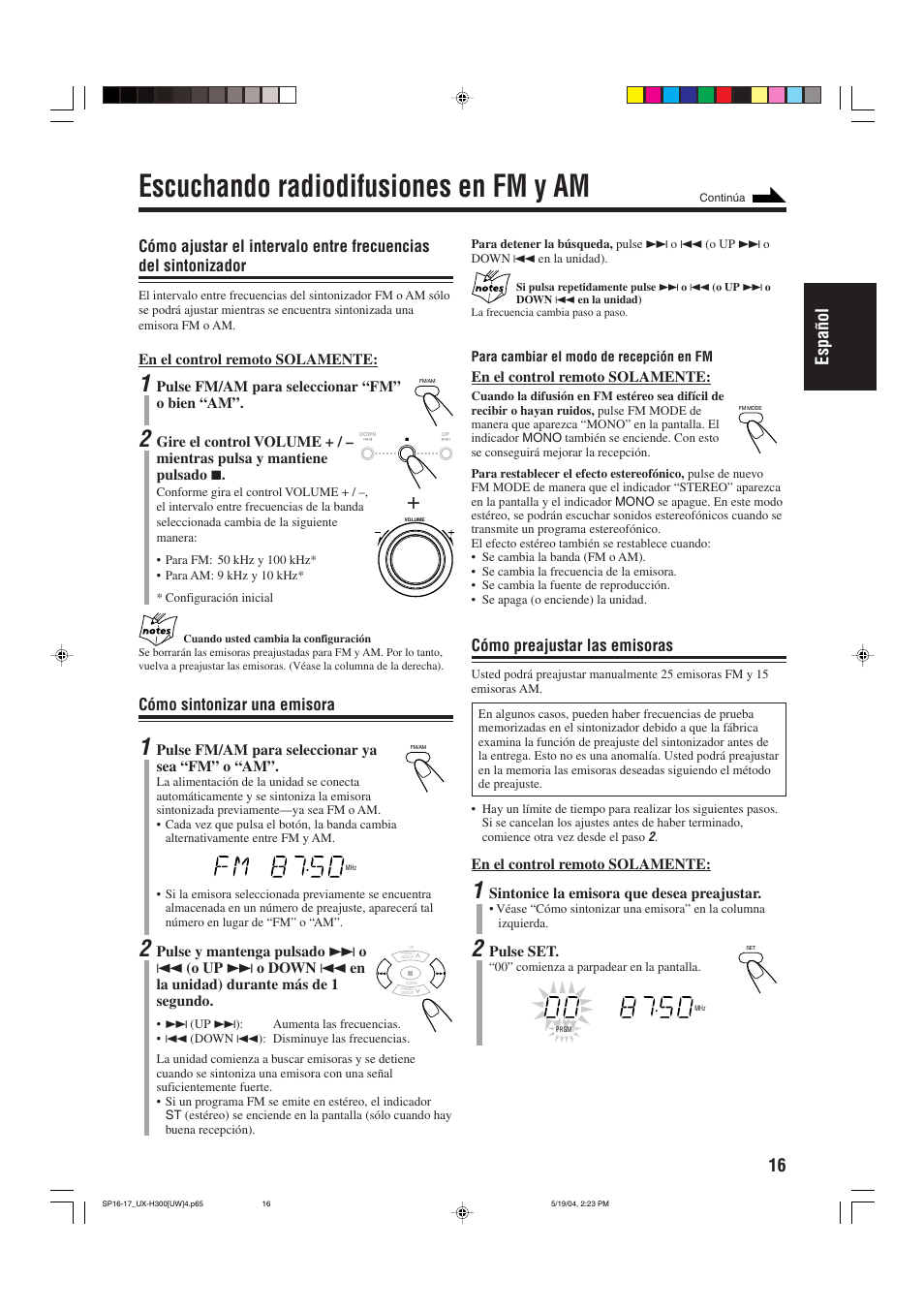 Escuchando radiodifusiones en fm y am, 16 español, Cómo sintonizar una emisora | Cómo preajustar las emisoras | JVC UX-H330 EN ES User Manual | Page 45 / 80