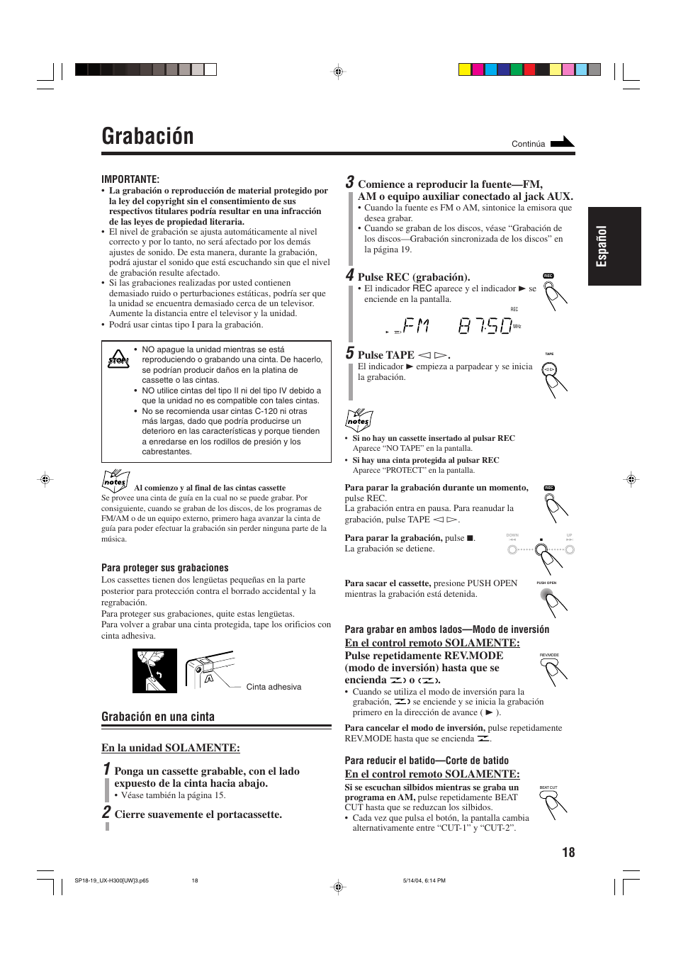 Grabación, 18 espa ñ ol, Grabación en una cinta | JVC UX-H330 EN ES User Manual | Page 47 / 80
