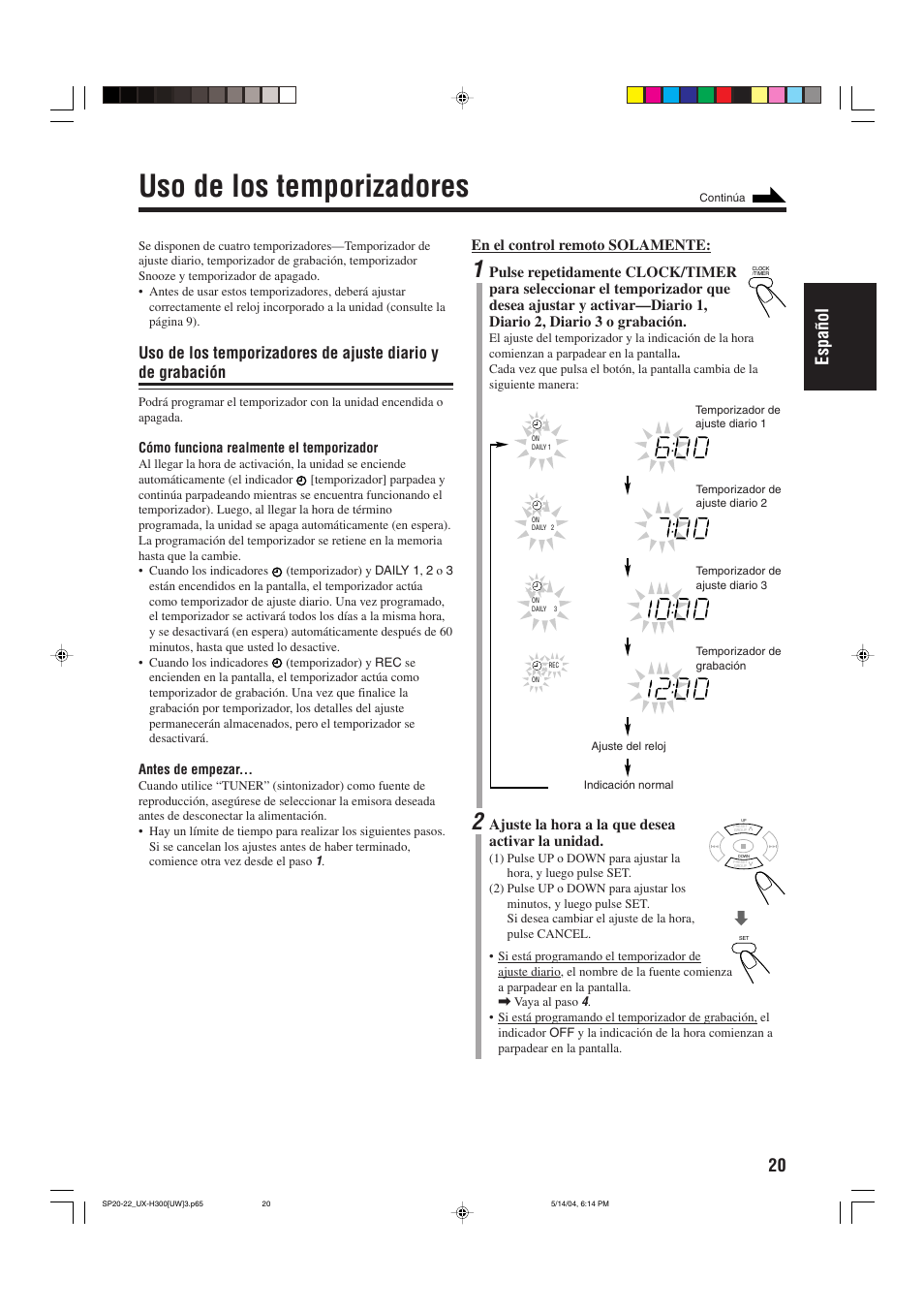 Uso de los temporizadores, 20 espa ñ ol | JVC UX-H330 EN ES User Manual | Page 49 / 80