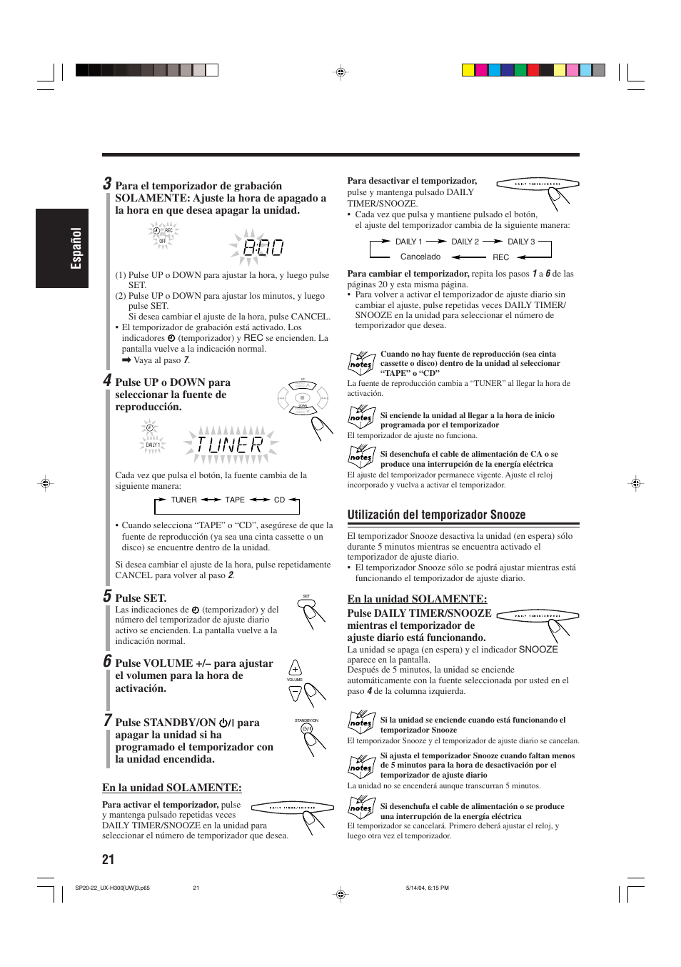 21 espa ñ ol, Utilización del temporizador snooze | JVC UX-H330 EN ES User Manual | Page 50 / 80