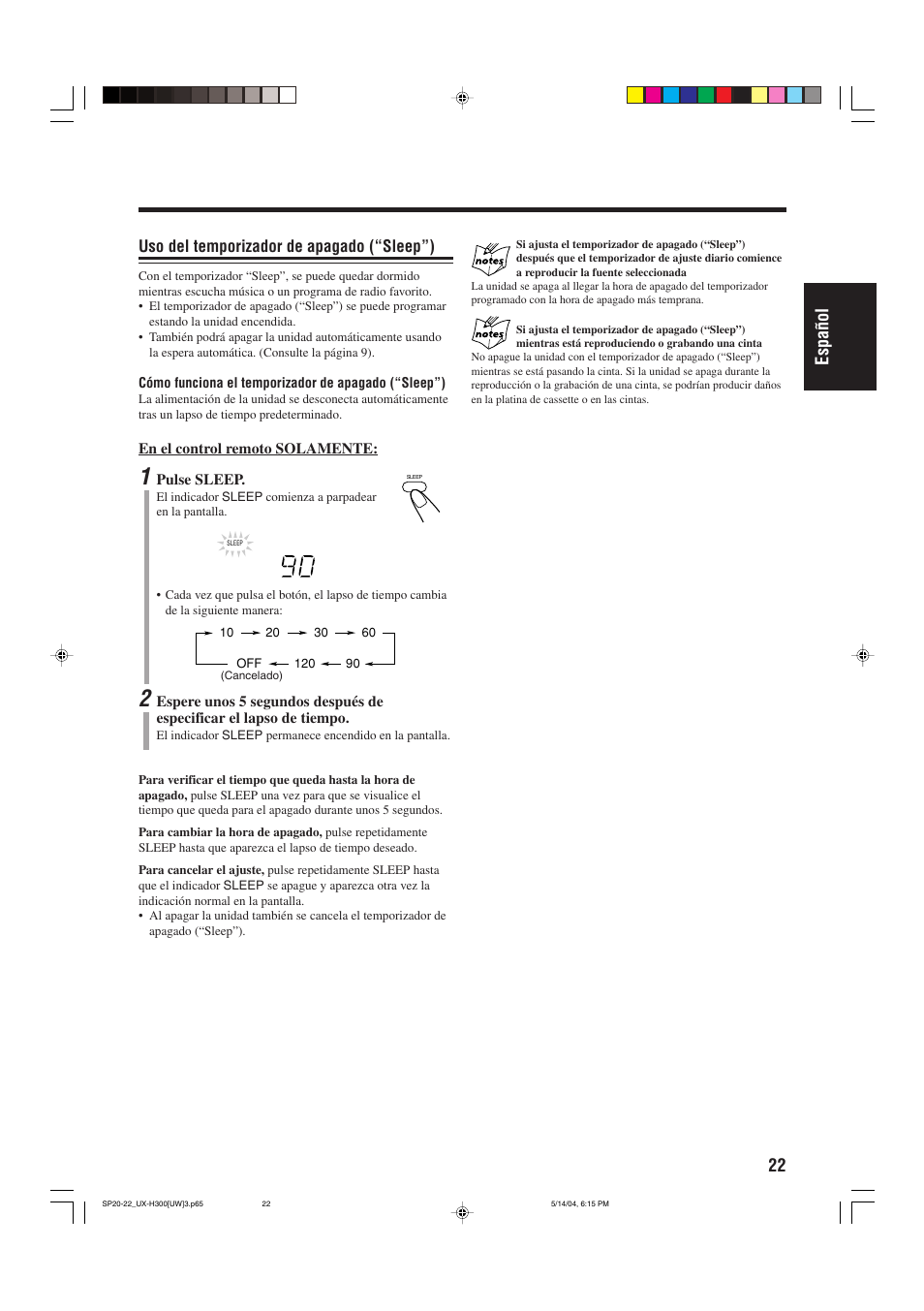 22 espa ñ ol, Uso del temporizador de apagado (“sleep”) | JVC UX-H330 EN ES User Manual | Page 51 / 80