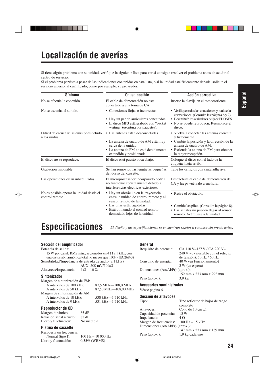 Localización de averías, Especificaciones, 24 espa ñ ol | JVC UX-H330 EN ES User Manual | Page 53 / 80