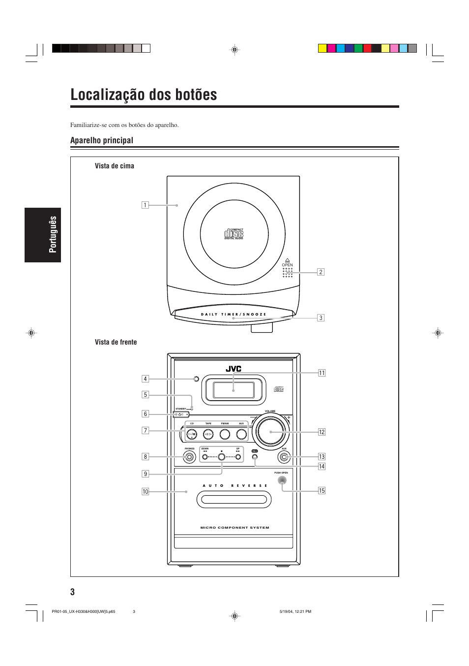 Localização dos botões, 3português, Aparelho principal | Vista de cima vista de frente, Familiarize-se com os botões do aparelho | JVC UX-H330 EN ES User Manual | Page 56 / 80