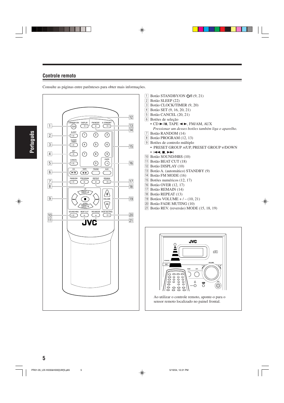 5portugu ê s, Controle remoto | JVC UX-H330 EN ES User Manual | Page 58 / 80
