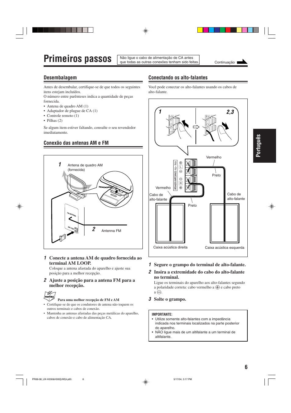 Primeiros passos, 6portugu ê s, Desembalagem | Conexão das antenas am e fm, Conectando os alto-falantes | JVC UX-H330 EN ES User Manual | Page 59 / 80