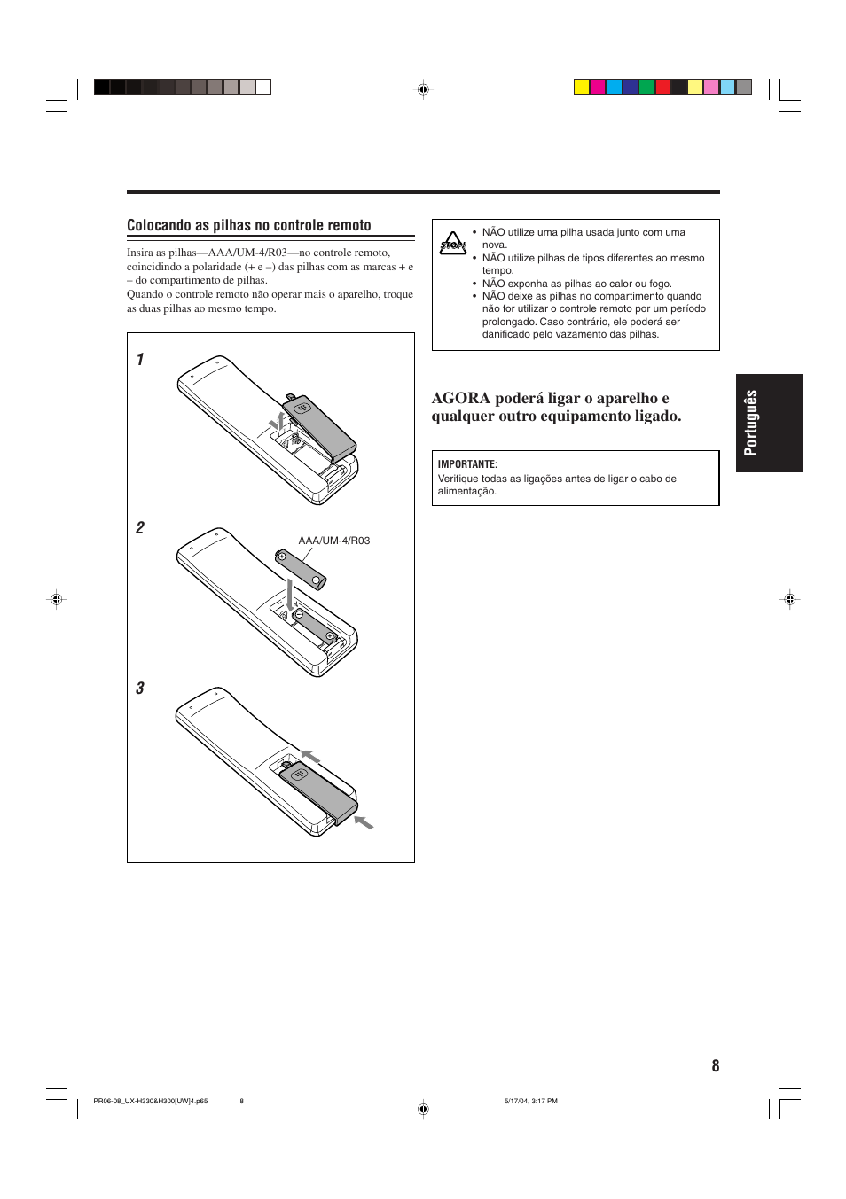 8portugu ê s 1 2 3, Colocando as pilhas no controle remoto | JVC UX-H330 EN ES User Manual | Page 61 / 80