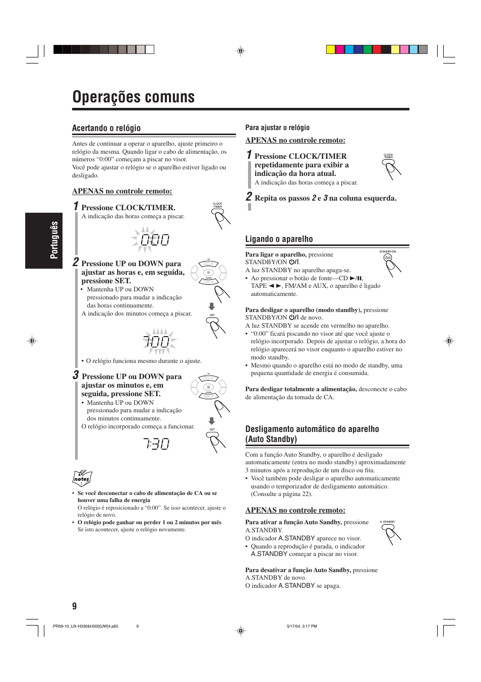 Operações comuns, 9portugu ê s, Ligando o aparelho | Desligamento automático do aparelho (auto standby), Acertando o relógio | JVC UX-H330 EN ES User Manual | Page 62 / 80